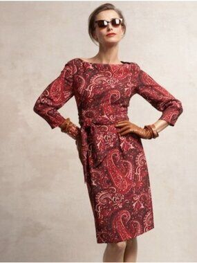 Talbots Dress Red Belt Boat Neck Paisley Print Sheath Dressy Classy Size 8 P NEW